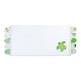 A white and green ocean themed activity towel with 10 activity tabs and a large polka dotted turtle.