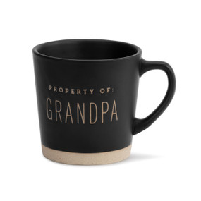 A large black and tan coffee mug that reads "property of grandpa".