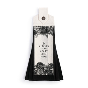 A black and white floral print "Button Loop Tea Towel".