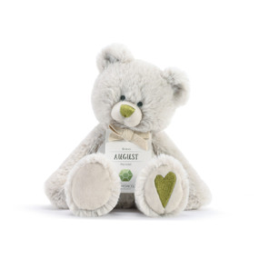 A fluffy white plush bear with a lime green nose, lime green heart, and a white product tag that reads "Brave August".