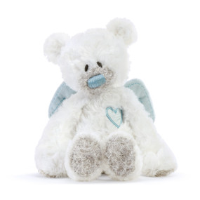 A plush white bear rattle with blue angel wings and a blue heart.