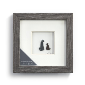 A gray frame enclosing a pebble scene of a cat and dog.