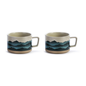 Set of 2 ceramic soup mugs with a mountain scene in shades of blue