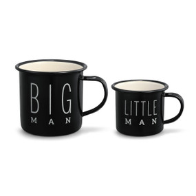 A set of two large and small black and white coffee mugs. One reads "big man" while the other reads "little man".