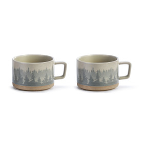 Set of 2 ceramic soup mugs with a forest mist scene
