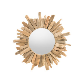 A large mirror made with pieces of driftwood around the rim.