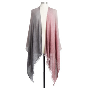 A pink and gray "Our Bond" scarf, draped as a shawl on a white and black metal mannequin.