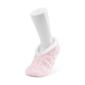 A size S/M soft pink and white chenille slipper on a white foot mannequin.