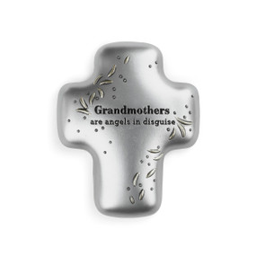 A silver art cross that reads "grandmothers are angels in disguise".