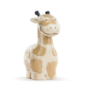 A smiling ivory giraffe bank with tan spots.