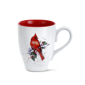 White ceramic mug with a red interior and a cardinal on the outside
