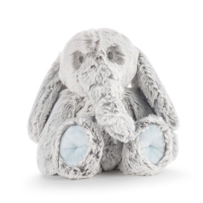 A soft plush blue and gray elephant rattle.