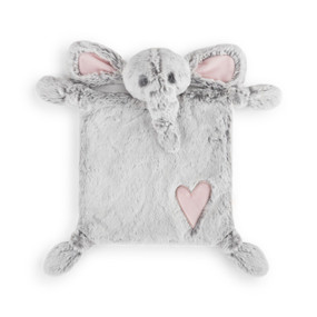 A soft pink and gray elephant blankie with a pink heart in the bottom right corner.