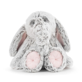 A soft plush pink and gray elephant rattle.