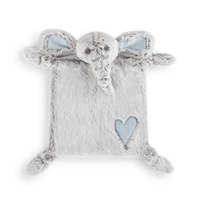 A soft blue and gray elephant blankie with a blue heart in the bottom right corner.