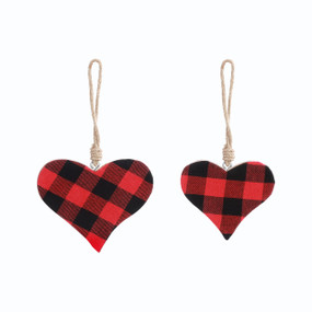 Two hanging heart shaped plaid ornaments