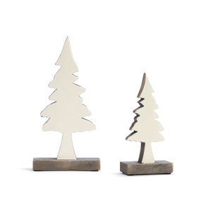 Two white enameled wooden trees with dark wooden bases.