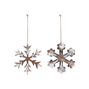 Two whitewashed wooden hanging ornaments shaped like snowflakes