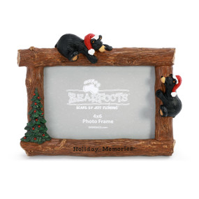 A Christmas picture frame with a wood log border and two cute black bears with Santa hats