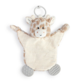 A soft, plush, white and brown spotted Giraffe Teething Buddy with a cream stomach, two cream horns, two textured gray tabs, and a light gray ring.