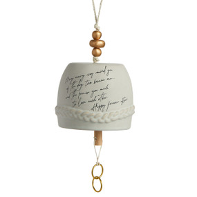 A cream Inspired Bell" with a handwritten message in black, a faux braid texture around the bottom, a twine rope, and gold wooden beads."