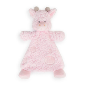 A soft pink plush Giraffe rattle blankie with polka dots and a wave pattern.