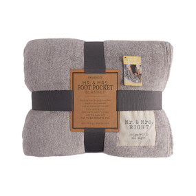 A light gray and white striped foot pocket blanket with an ivory patch that reads "Mr. & Mrs. RIGHT. snuggled up all night". Folded and tied with a gray ribbon and cardboard tag.