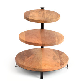 A wooden and black metal tiered circular serving stand.
