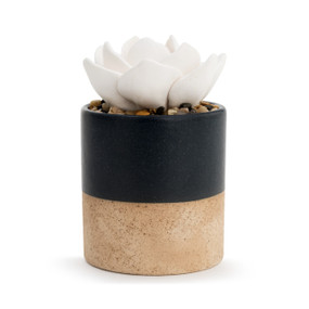 A small, speckle textured, tan and navy vase, filled with an assortment of small rocks, and a white succulent oil diffuser.