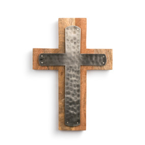 A medium wash, wooden, decorative wall cross with a textured metal center.