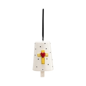A hanging white Heartful Home Bell" with small black dots, a red and yellow cross and heart in the center, a chime that reads "blessed", and a black ribbon string."