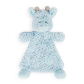 A soft blue plush Giraffe rattle blankie with polka dots and a wave pattern.
