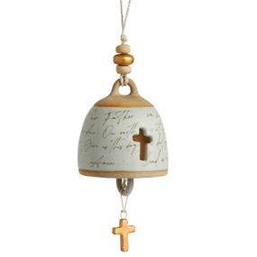 A cream Inspired Bell" with black handwritten scripture, a cross shape cutout, a twine rope, and gold and wooden beads."