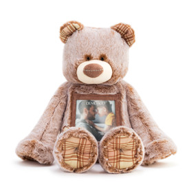 A front facing view of a soft tan and brown plush Here to Hug" bear with tan and yellow plaid paws and ears, a brown nose, a brown photo frame on the stomach, filled with a family photo, and an ivory heart shaped patch that reads "here to hug" in brown stitching."