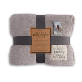 A light gray and white striped foot pocket blanket with an ivory patch that reads "All snuggled up with my furry best friend". Folded and tied with a gray ribbon and cardboard tag.