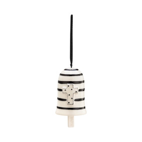 A hanging black and white striped Heartful Home Bell" with a black and white polka dotted cross in the center, a chime that reads "faith", and a black ribbon string."