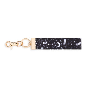 A blue and white wrist strap with white constellation and planets. With gold metal accents.