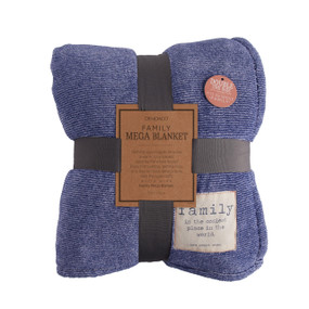 A light blue and white striped blanket with an ivory patch that reads "family is the coziest place in the world... now scoot over". Folded and tied with a gray ribbon and cardboard tag.