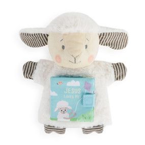 A plush, soft cream and brown with striped ears and paws, and a blue and green blue book called Jesus Loves Me!" on its stomach."