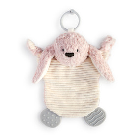 A soft, plush, light pink, white, and cream Bunny Teething Buddy with two textured gray tabs, a light gray ring, and two large pink ears.