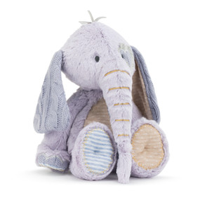 A large purple plush "Oddball" elephant with brown polka dotted and blue striped accents.