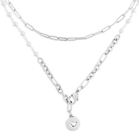 A silver wrap necklace/bracelet with various pearl white beads, and a circular pendant with a dove shape cutout.
