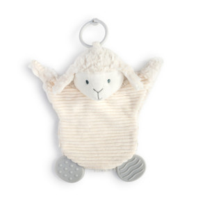 A soft. plush, bright white and cream Lamb Teething Buddy with two gray textured tabs and a light gray ring.
