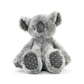 A front facing view of a plush, soft, light gray Koala Rattle with dark gray and white polka dotted paws and ears.