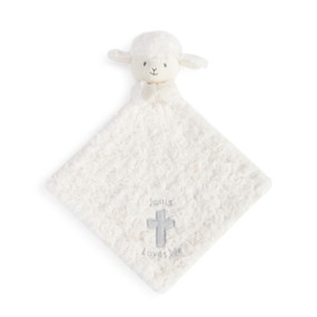 A soft, plush, white Lamb Rattle Blankie with a gray cross and Jesus Loves Me" embroidered on the bottom corner."