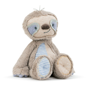 A large brown plush Oddball" sloth with purple, gray, brown polka dotted and blue striped accents."