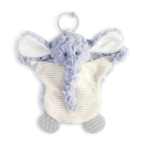 A soft, plush, blue and cream Elephant Teething Buddy with a cream stomach, two large white ears, two textured gray tabs, and a light gray ring.