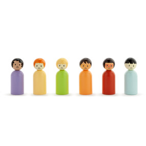 A set of six rainbow colored miniature figures, each with a different color base, and a variety of hairstyles and skin tones.