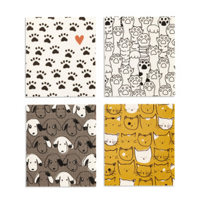 A set of four biodegradable dish cloths with a pet theme decorated with cat and dogs faces and paw prints.