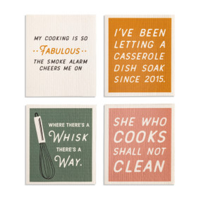 A set of four biodegradable dish cloths with cute and funny kitchen sayings.